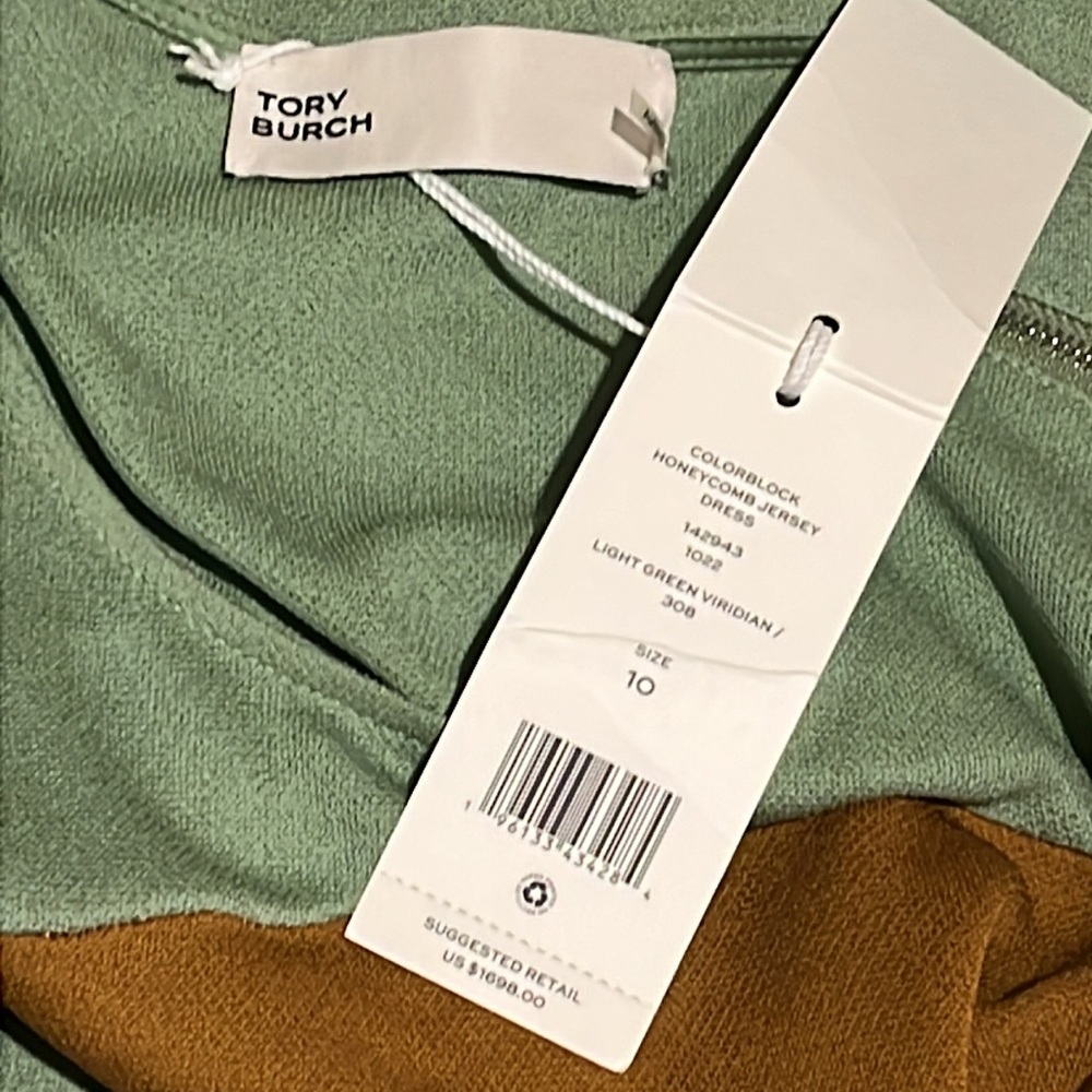 T-175. Tory Burch Color Block Honeycomb Jersey Dress Light Green Viridian - Picture 12 of 13